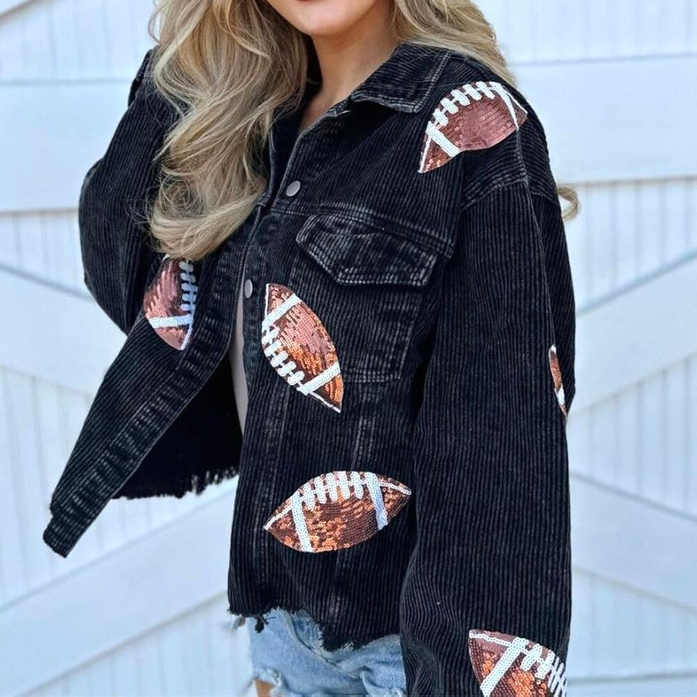 Women’s Corduroy Sequin Football Jacket Cropped Black Size Large